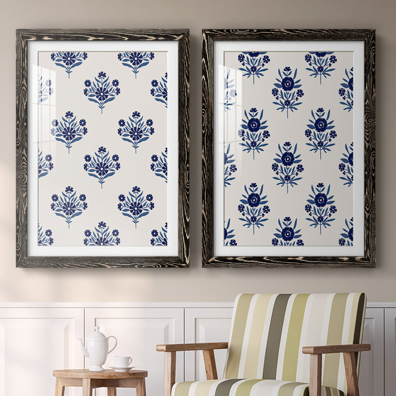 Motif de fleurs indigo I-Premium, reproduction encadrée - prête à être accrochée, Cadre noir, H 42,5 po x l 61 po x P 1,5 po