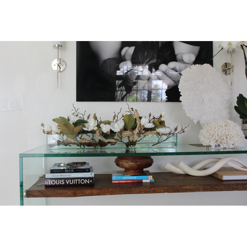 Glass Plate Magnolia Floral Arrangement And Centerpiece In Planter, White, 8" H x 36" W x 4" D
