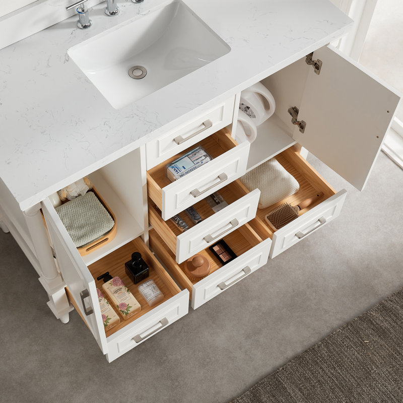 48" Solid Wood Freestanding Single Bathroom Vanity With Carrara Marble Top, Soft-Close Drawers, And 2 Handle Sets