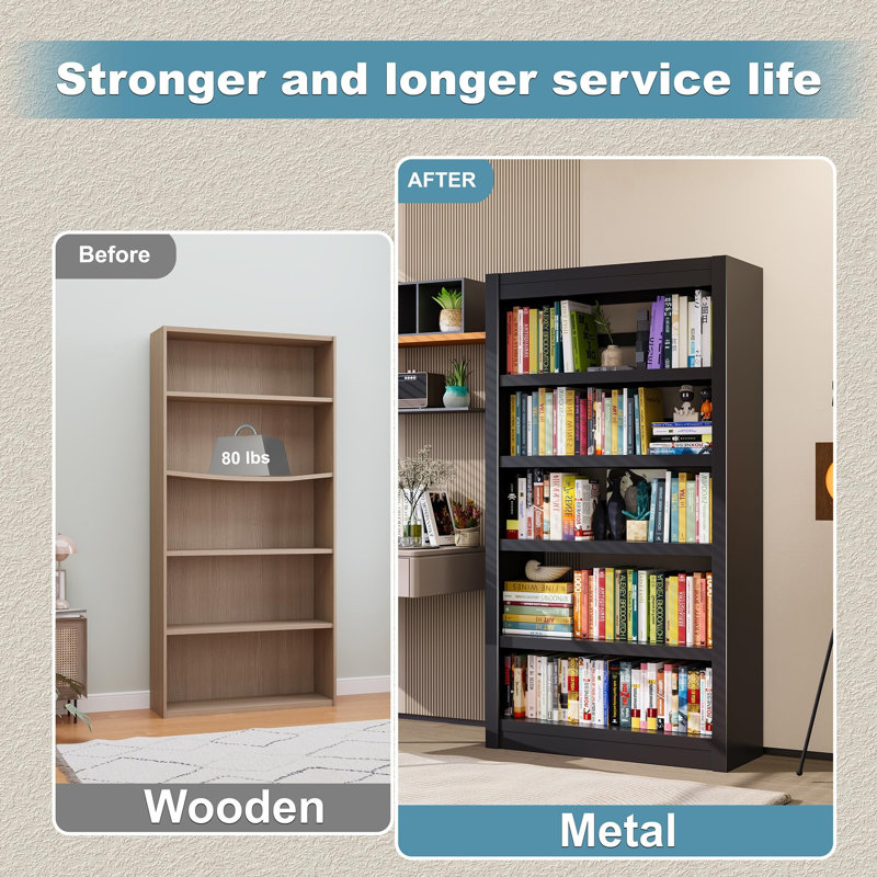 5-Tier Sturdy Bookcase, Adjustable Shelves, Large Capacity, Modern for Living Room Office Garage