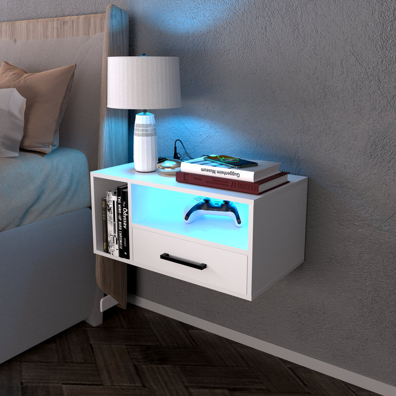 Table de chevet flottante murale avec lumière RVB 21,3 po Jorid, Blanc