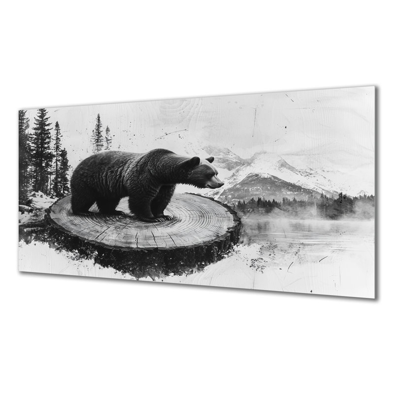 Ours dans un paysage de forêt monochrome - ours, impression murale sur métal moderne, H 28 po x l 60 po