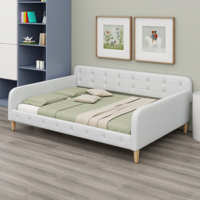 Lit de jour double rembourré pleine grandeur avec 4 pieds de soutien, beige