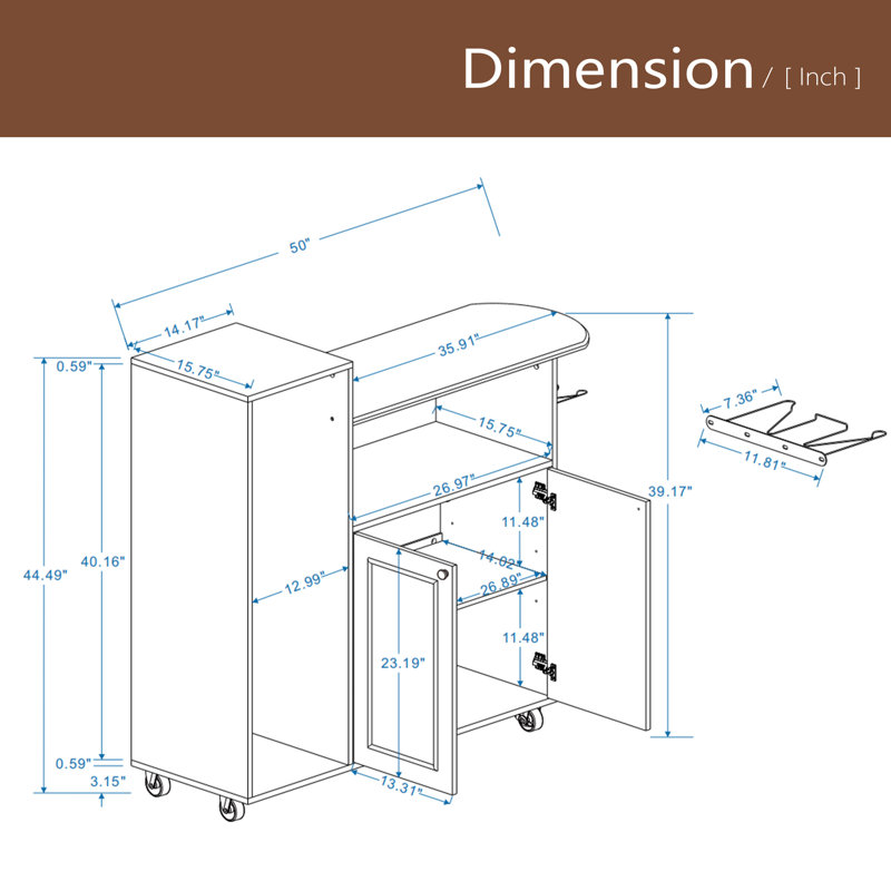 Chariot à repasser avec planche à repasser, armoire à repasser polyvalente avec roulettes et tablette réglable, solution de repassage compacte pour la salle de lavage, la chambre à coucher, le vestiaire