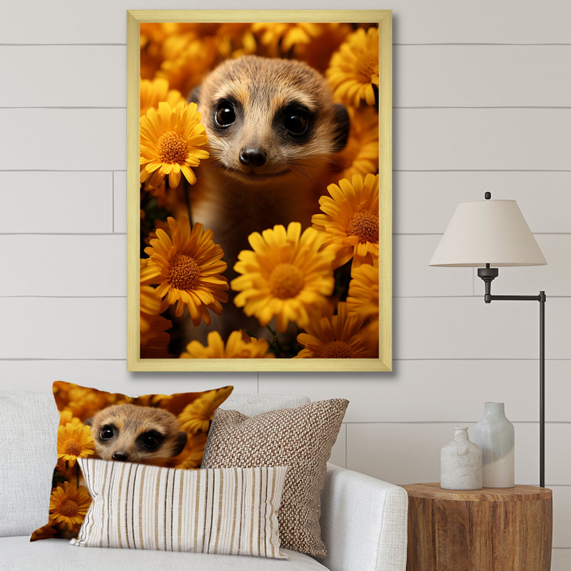 Art floral jaune suricate - Suricate, H 32 po x l 16 po x P 1 po, Cadre doré simple