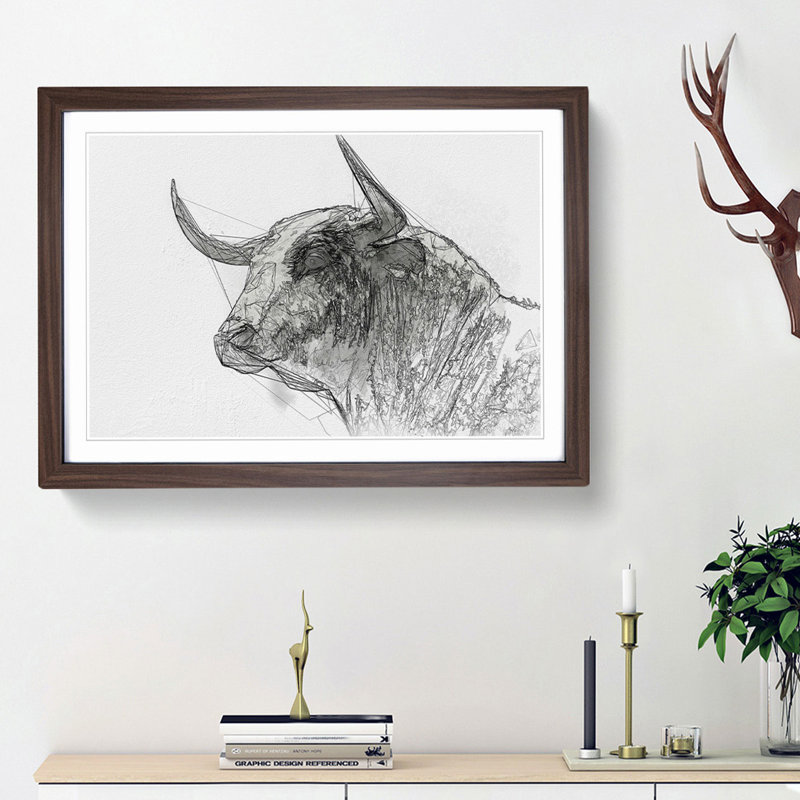Stone Statue of a Bull in Abstract - Picture Frame Graphic Art Print, Walnut Framed, 27cm H x 36cm W x 2cm D