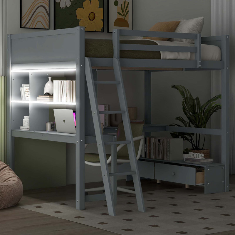 Lit mezzanine double avec bureau multi-rangement en forme de L, lumière DEL et station de charge USB, banc de rangement avec 2 tiroirs