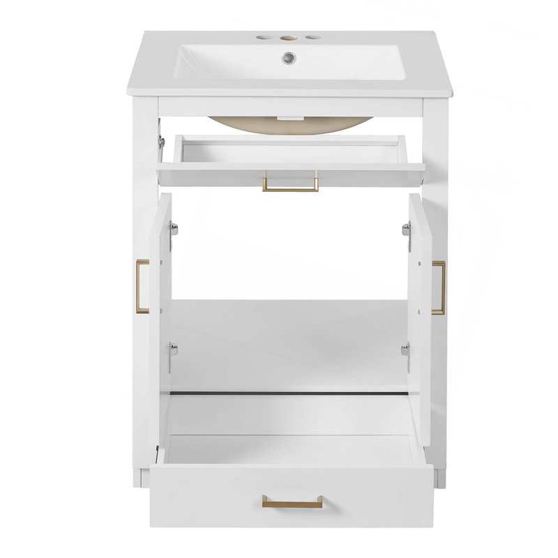 Meuble-lavabo 24 po avec lavabo en céramique intégré, armoire de salle de bain avec 2 portes, 1 tiroir basculant et meuble-lavabo simple