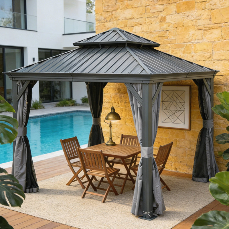 13X13ft Outdoor Gazebo, Hardtop Gazebo With Galvanized Steel Double Roof, Metal Gazebos With Drainage System Patio Pergola For Patio Deck Backyard,Curtain And Netting