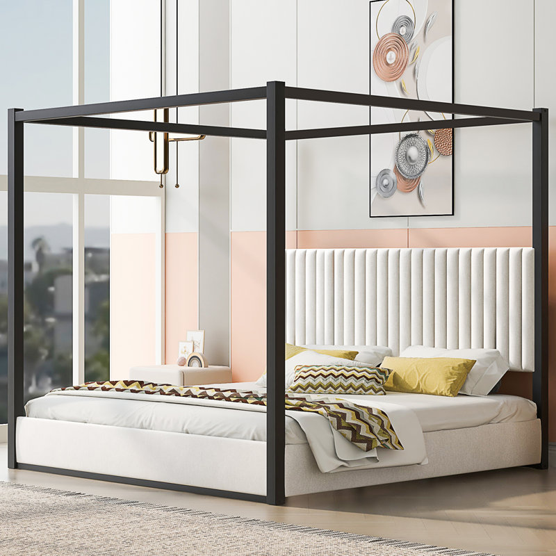 Lit plateforme à baldaquin avec tête de lit et structure en métal Upholstery, Noir