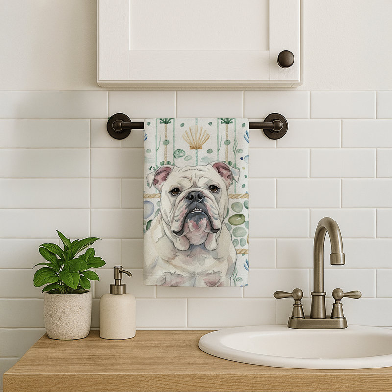 White English Bulldog Coastal Sea Glass Kitchen Towel, White English Bulldog