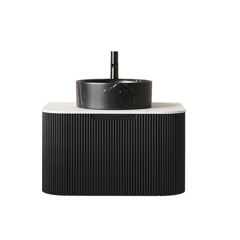 Meuble-lavabo de 24 po avec lavabo, meuble de rangement rayé à bords arrondis avec tiroir, lavabo rond en céramique noir et plateau en pierre frittée blanc de Carrare, pré-assemblé, couleur noire