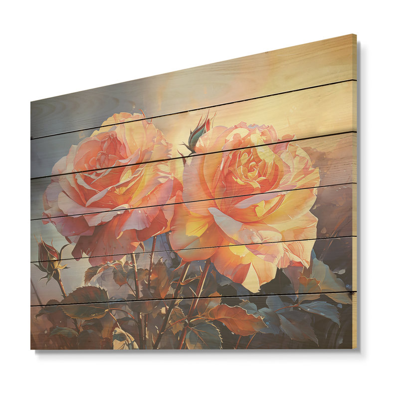 Coucher de soleil corail - Roses, art sur bois de pin naturel, H 24 po x l 32 po