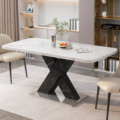 Table de salle à manger moderne carrée, extensible, plateau de table en marbre blanc imprimé et panneau de fibres à densité moyenne