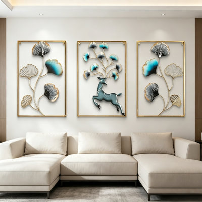 Set of 3 Lucky Deer & Ginkgo Metal Wall Decor Set