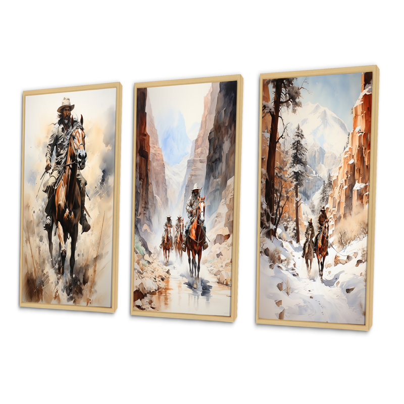 «Cowboy Prairie Wind», 3 pièces, H 20 po x l 36 po, Encadré naturel