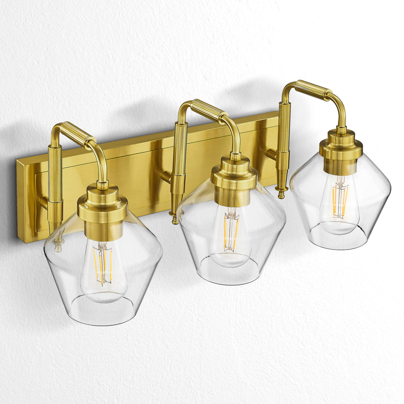 Meuble-lavabo à 3 lumières avec abat-jour en verre transparent, or brossé, H 10,6 po x l 22 po x P 10,23 po, Trois lumières
