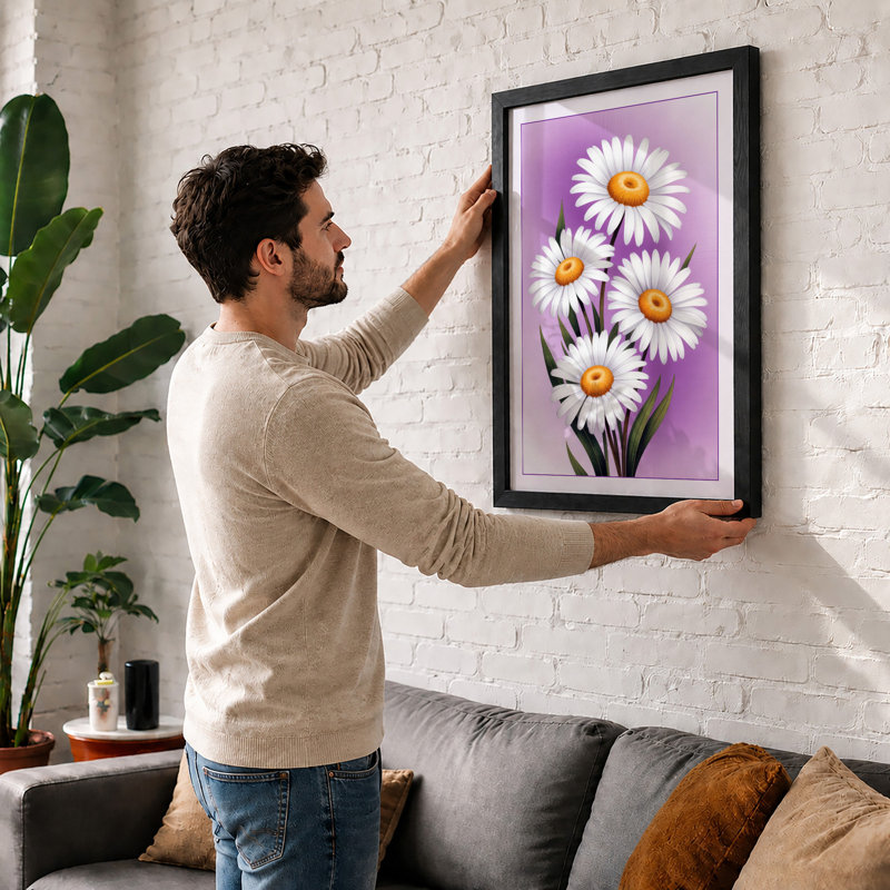 White Daisies, Golden Centers Botanical - Print, A2 - 59.4 x 42.0 cm, Oak