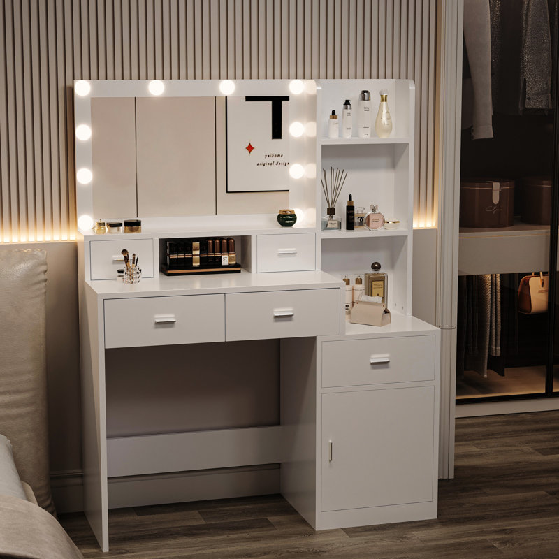 Modern Dressing Table With Adequate Storage And Lights For Bedroom Use Functional Drawer Hidden Compartments