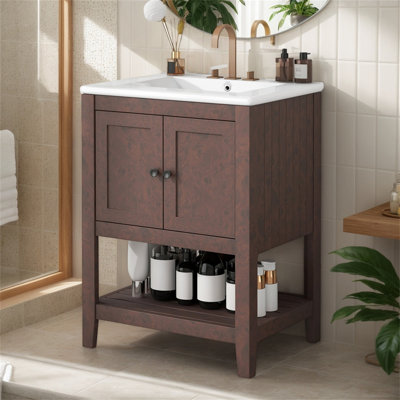 Elegant Modern Sleek Bathroom Vanity With Ceramic Sink And Solid Wood Frame – Ample Storage With Open Style Shelf
