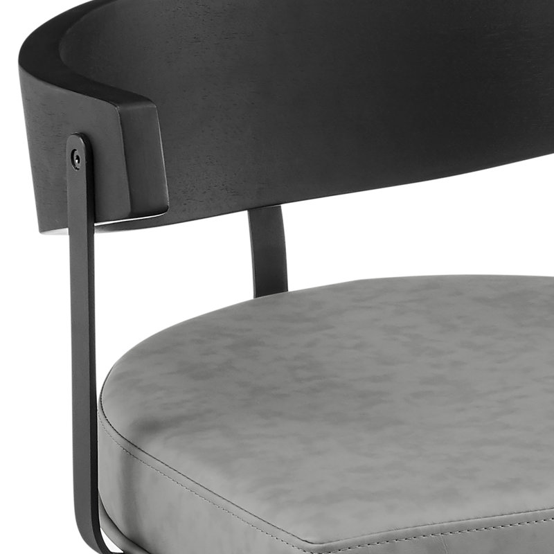 Ahzhane Modern Swivel Counter or Bar Height Barstool with Arms and Open Low Back in Iron with Wood and Faux Leather