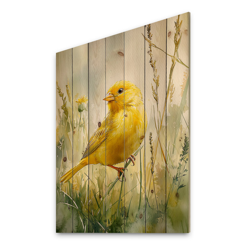 Bird Canary In The Blossoms II - Bird Wood Wall Decor - On Natural Pine Wood, 20" H x 10" W x 0.78" D