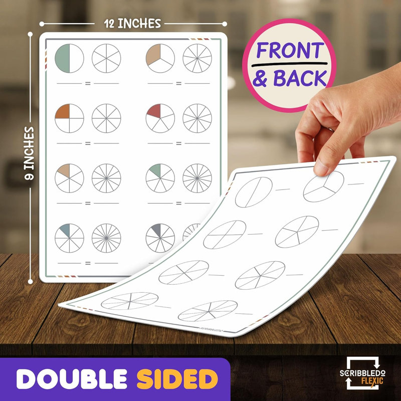 Scribbledo Fraction Manipulatives 9”x12” Small White Board Dry Erase Sheets 