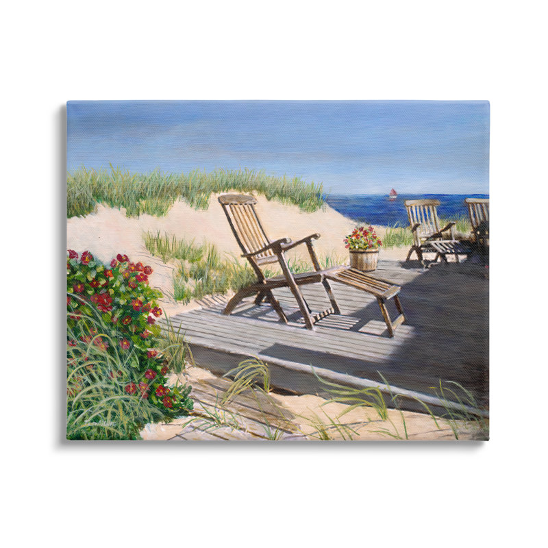 «Relaxing Waterfront Boardwalk Beach Chairs Summer Scene» par Tom Mielko - Peinture, Toile tendue