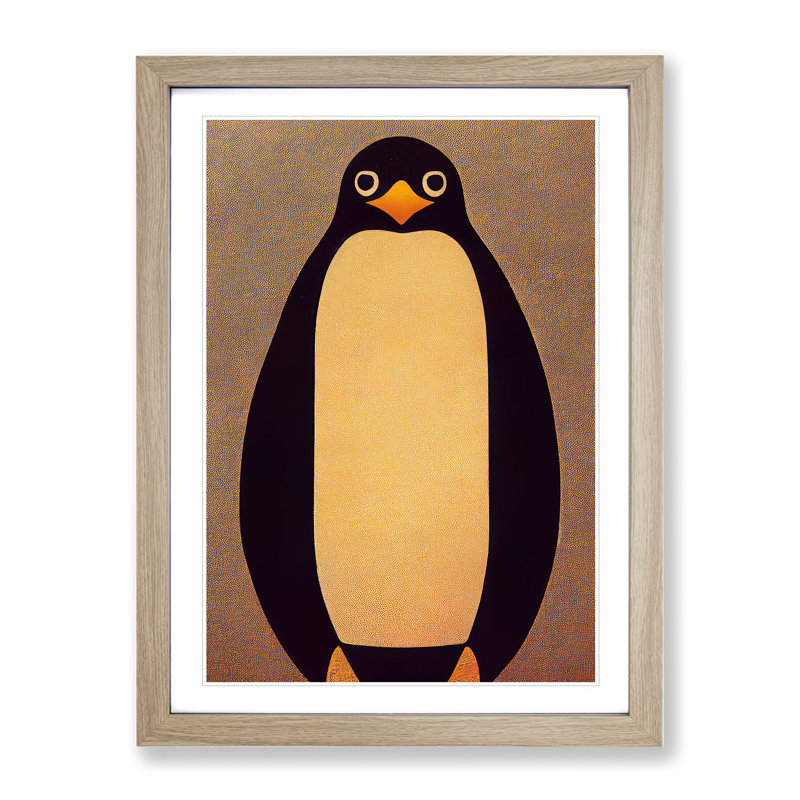 Retro Penguin Art No.1 - Wall Art, 34cm H x 25cm W x 2cm D, Oak Framed