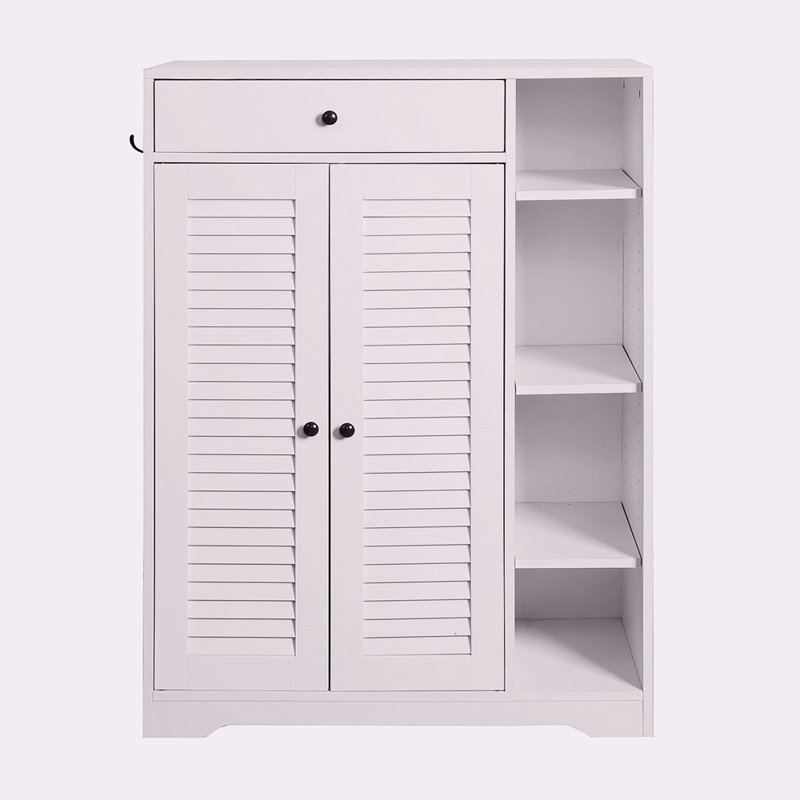 Range-chaussures autoportant avec 2 portes à volets, rangement pour chaussures étroit dans le vestibule avec tablette de rangement réglable et tiroir supérieur, armoire à chaussures moderne et mince