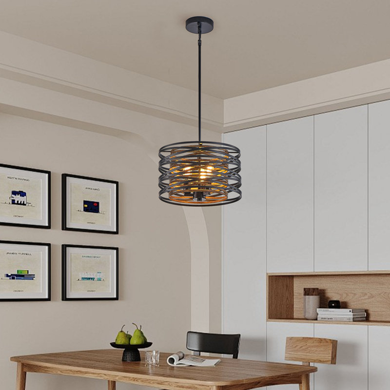 Adjustable Industrial Farmhouse Drum Pendant Light, 28" H x 13" W x 13" D