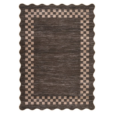 Scalloped Area Rug Modern Bordered Accent Carpet, Non-Slip Geometric Floor Cover, Stain-Resistant Low Pile Indoor Mat, Easy to Clean Rugs