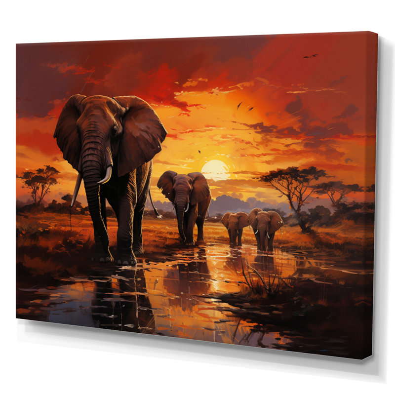 Photographie d'un éléphant d'Afrique au coucher du soleil II - Éléphant, reproduction sur toile encadrée, Toile tendue
