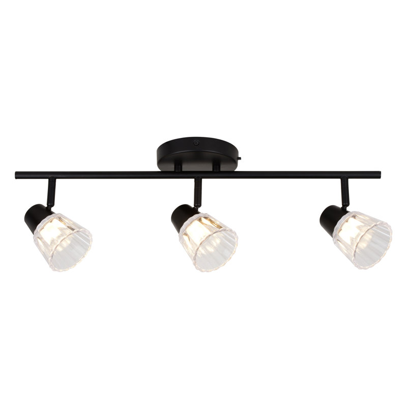 Hertford 23 In. Wide Matte Black Transitional Ceiling Track Lighting Fixture Kit With 3-Adjustable Light Heads, Clear Ribbed Glass Shade, Dimmable, Integrated LED, Semi Flush Mount Flexible Spotlight Bar