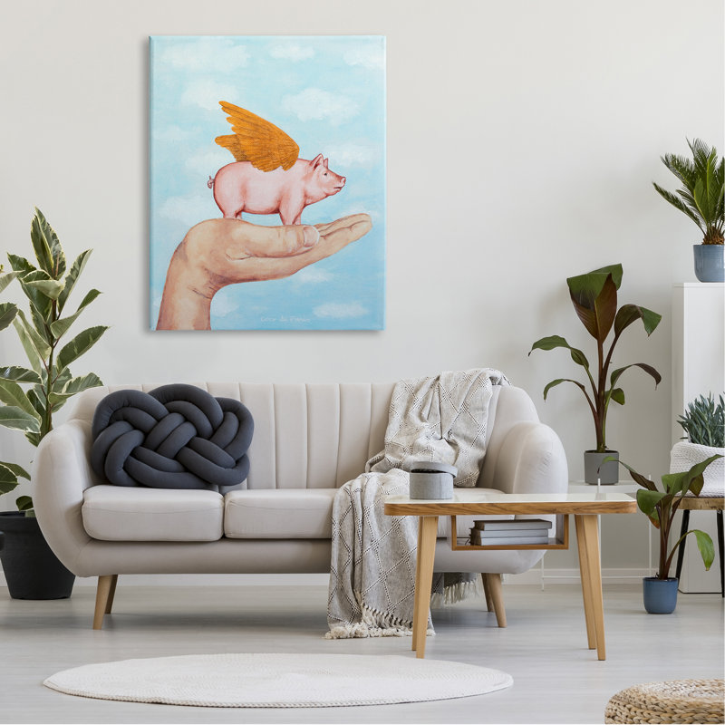 Illustration d'un cochon volant dans une aile de palmier par Coco de Paris - Peinture, Toile tendue