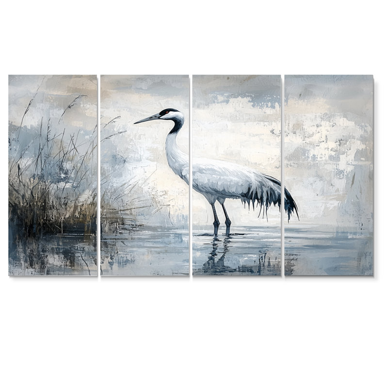 Grue dans un étang brumeux I - Art mural animal héron - ensemble de décoration murale moderne, H 28 po x l 48 po