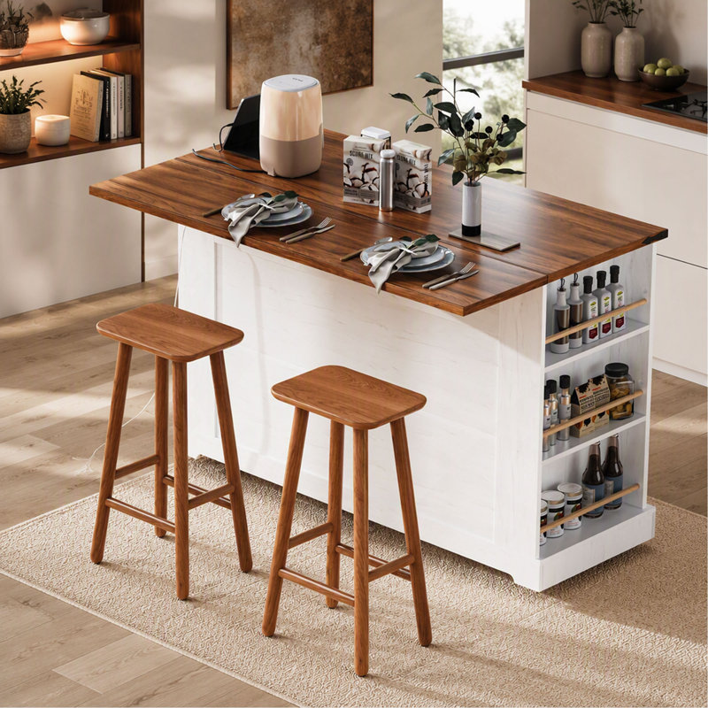 Îlot de cuisine K&K style ferme de 135 cm (53 po) avec deux portes d'armoire en verre trempé, prise de courant, chariot de cuisine roulant sur roulettes avec abattant, 5 étagères latérales ouvertes, 3 tiroirs, pour cuisine, salle à manger.