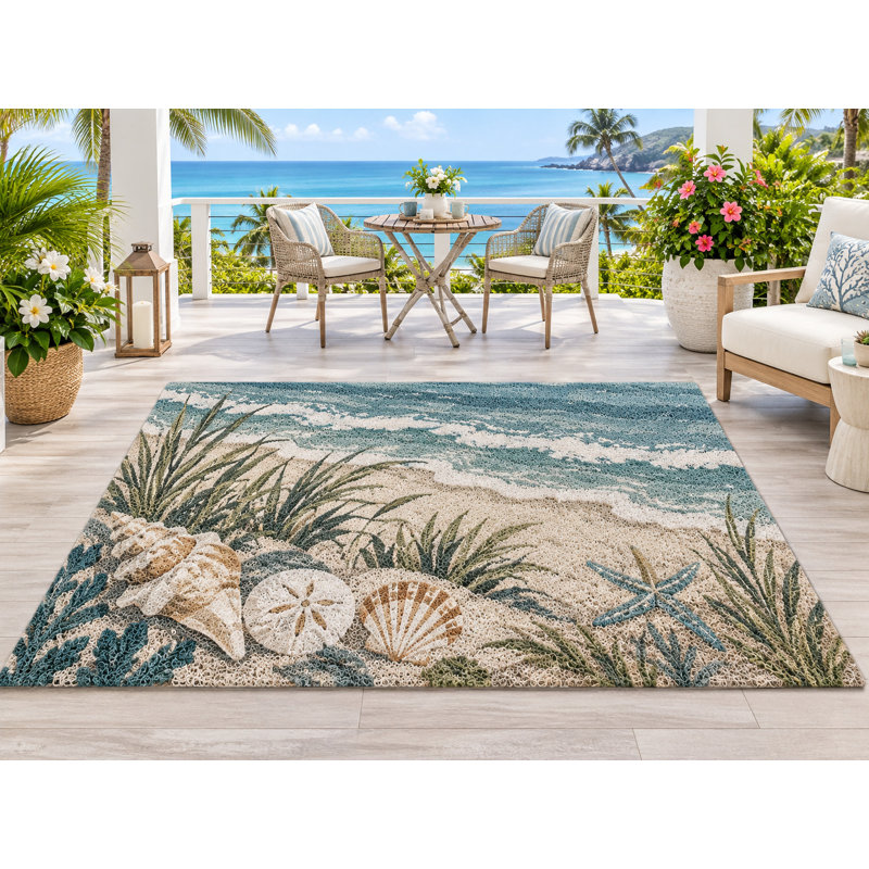 Tapis d'extérieur 152 x 213 cm, motif coquillages et étoiles de mer, en PVC épais, imperméable et bouclé, idéal pour une terrasse ou une entrée. Séchage rapide.