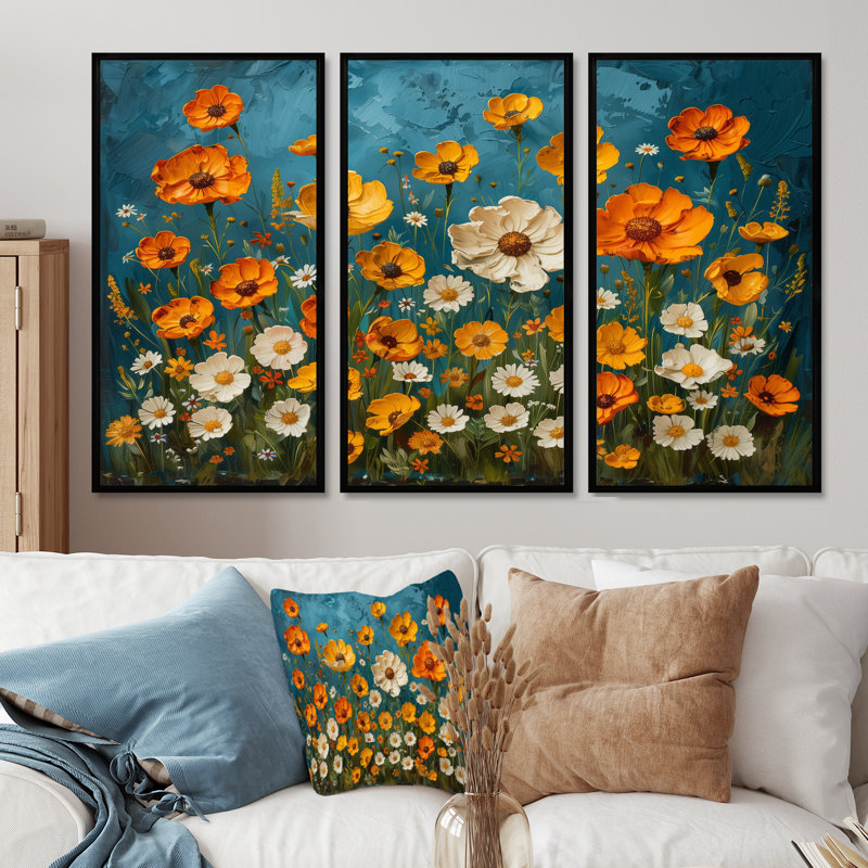 Jaune jaune blanc Summer Meadow Marigolds II - ensemble de décorations murales souci, Toile avec cadre flottant noir