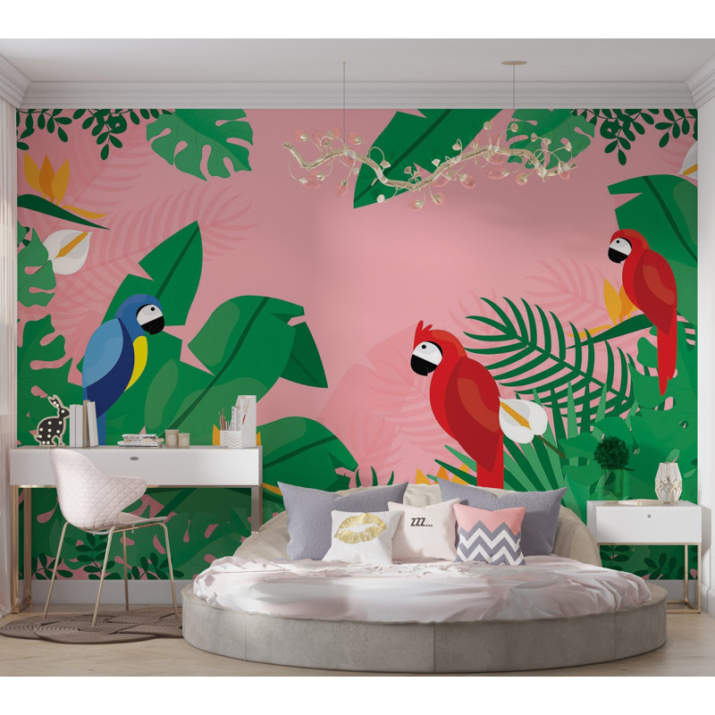 Murale pelez et collez de qualité supérieure - Perroquets tropicaux, L 120 po x L 96 po