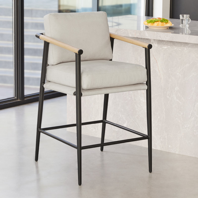 Beige Upholstered Counter Stools with Metal Frame and Wooden Armrests