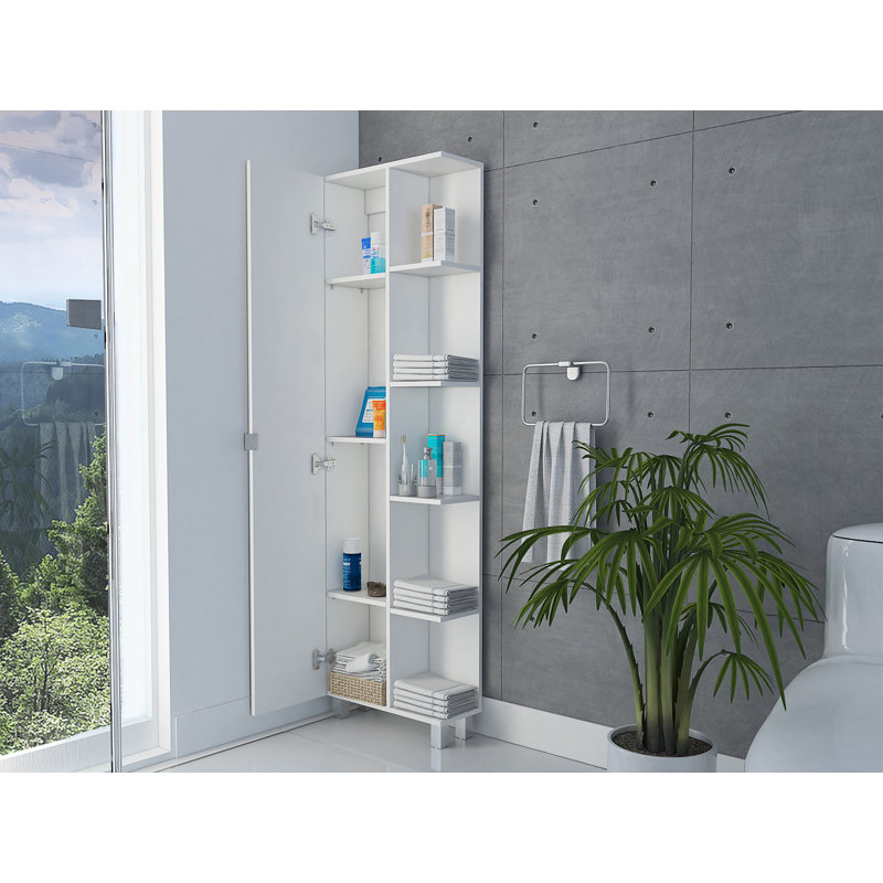 Urano Mirror Door Linen Cabinet with Open & Closed Shelving, White