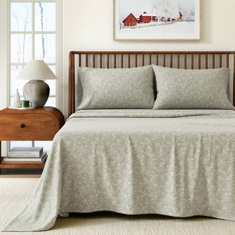 Ensemble de draps 100% flanelle de coton, Ensemble de draps pour lit double avec deux taies , Motif floral de fleur glacée
