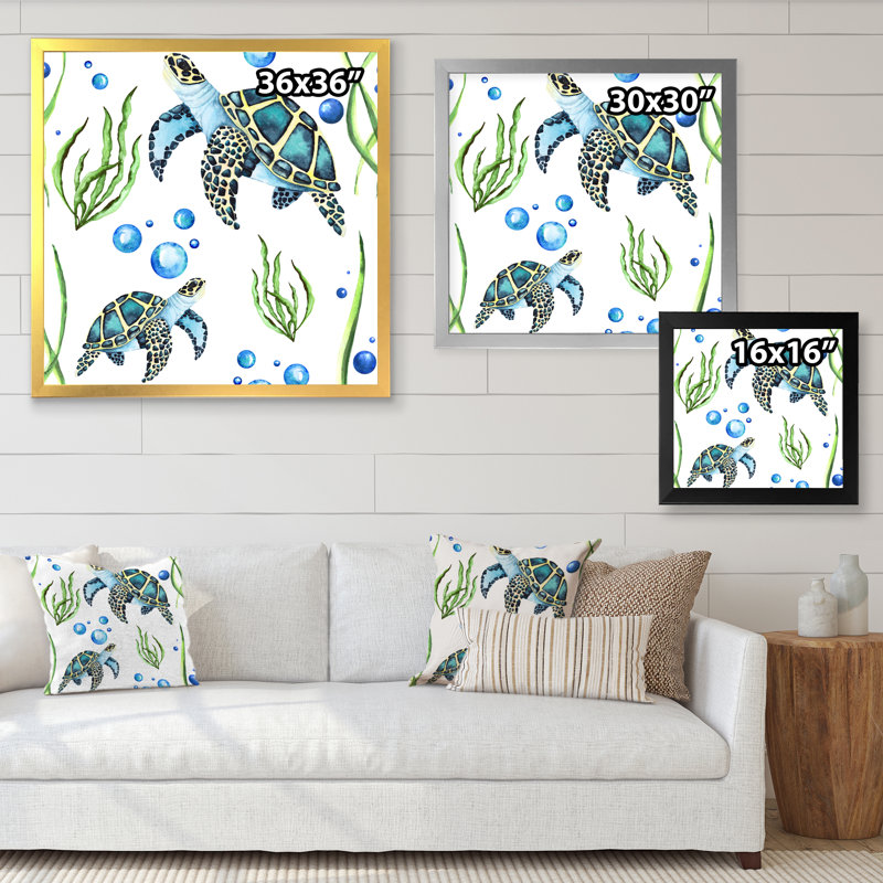 Tortue de mer, algues et bulles - reproduction d'art sur toile, H 36 po x l 36 po x P 1 po, Cadre noir