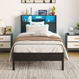 Structure de lit simple avec tête de lit, lit plateforme en métal avec station de charge, rangement pour bibliothèque, aucun sommier requis, assemblage facile