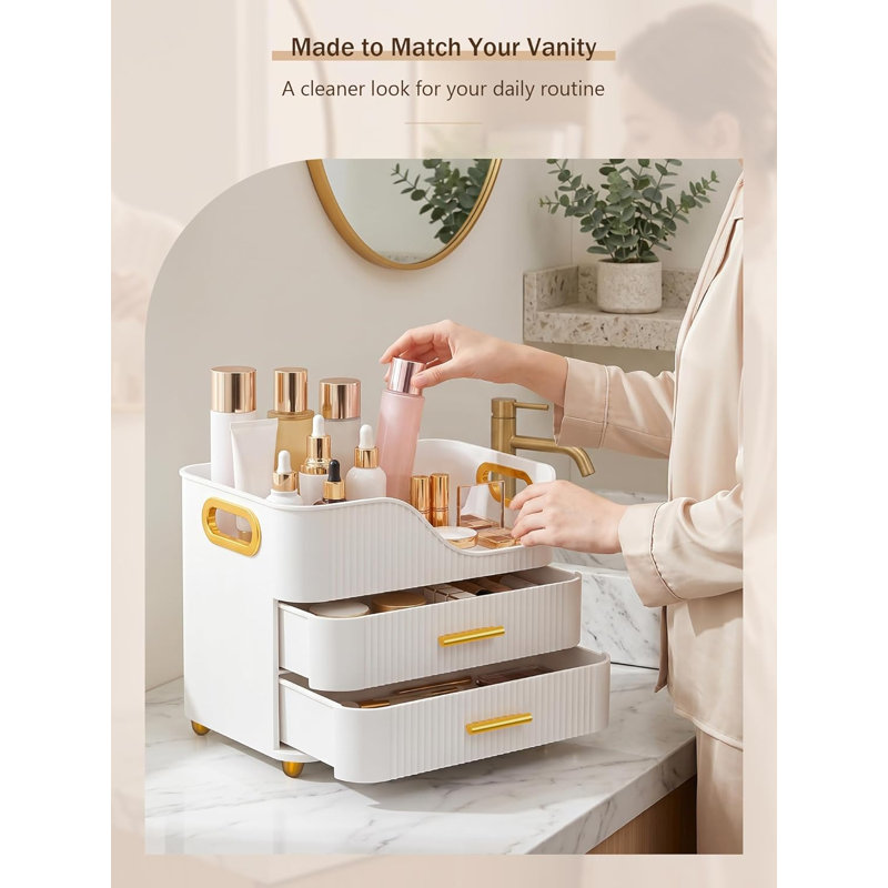 Grand organisateur de maquillage pour meuble-lavabo, comptoir de salle de bain, blanc | Vitrine en plastique pour cosmétiques avec tiroirs, porte-pinceau de beauté pour le comptoir de la commode