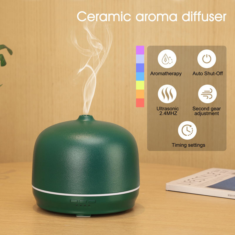 500ml Ceramic Essential Oil Diffuser for Large Room, Ultrasonic Aromatherapy Air Diffuser with Timer - Green, Green