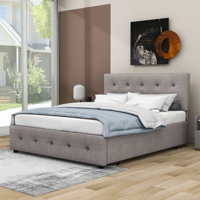 Markeon Queen Size 2 Drawers Upholstered Platform Bed with Twin XL Size Trundle, Light Gray