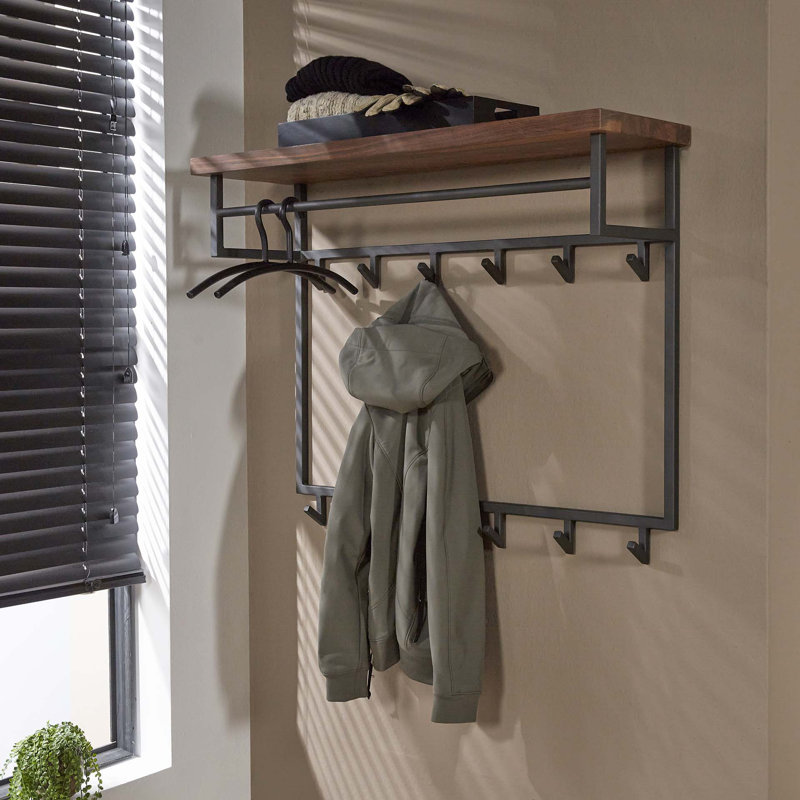 Solid Wood 12 - Hook Wall Mounted Coat Rack with Storage