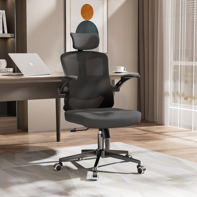 Chaise de bureau ergonomique, appui-tête réglable avec support lombaire et accoudoirs rabattables, Noir